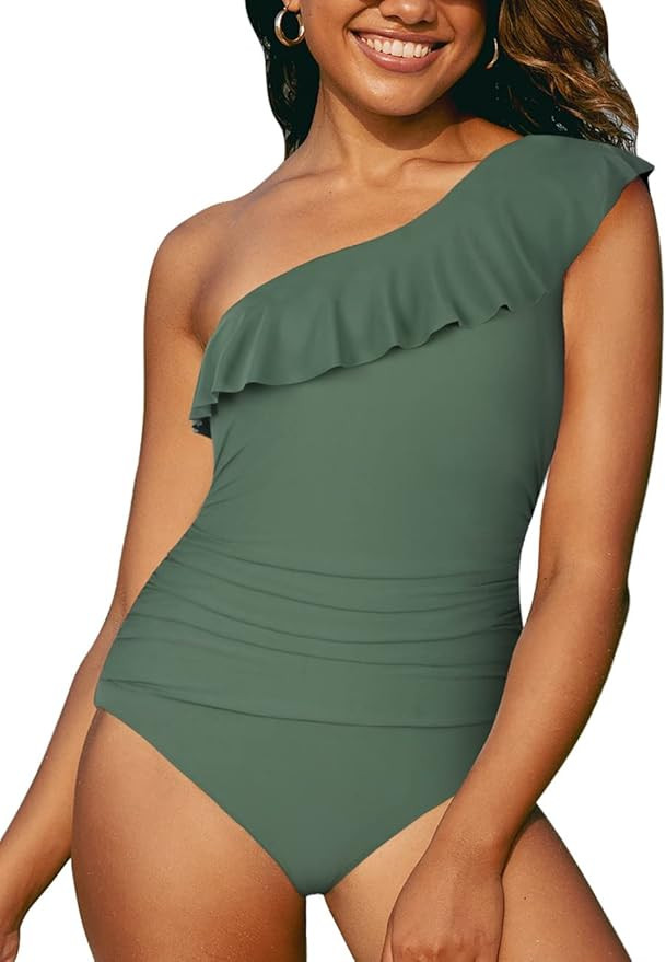 Hilor Women's One Piece Swimsuits One Shoulder Swimwear Asymmetric Ruffle Monokinis Bathing Suits | Amazon (US)
