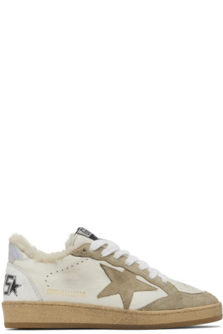 Golden Goose - White & Taupe Shearling Ball Star Sneakers | SSENSE