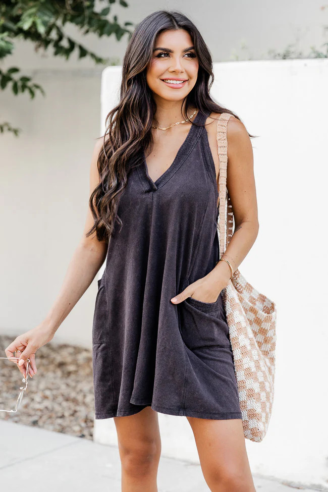 Make A Deal Black Acid Washed Pocket Tank Dress | Pink Lily