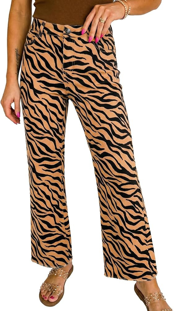 Astylish Women Animal Leopard Print Wide Leg High Waisted Jeans Tummy Control Casual Cropped Raw ... | Amazon (US)