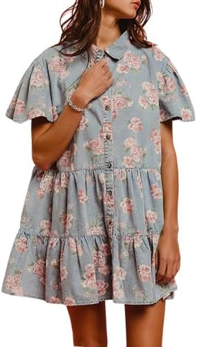 ebossy Women's Sweet Floral Denim Dress Button Up Ruffle Short Sleeve Flowy A Line Tiered Mini Sh... | Amazon (US)
