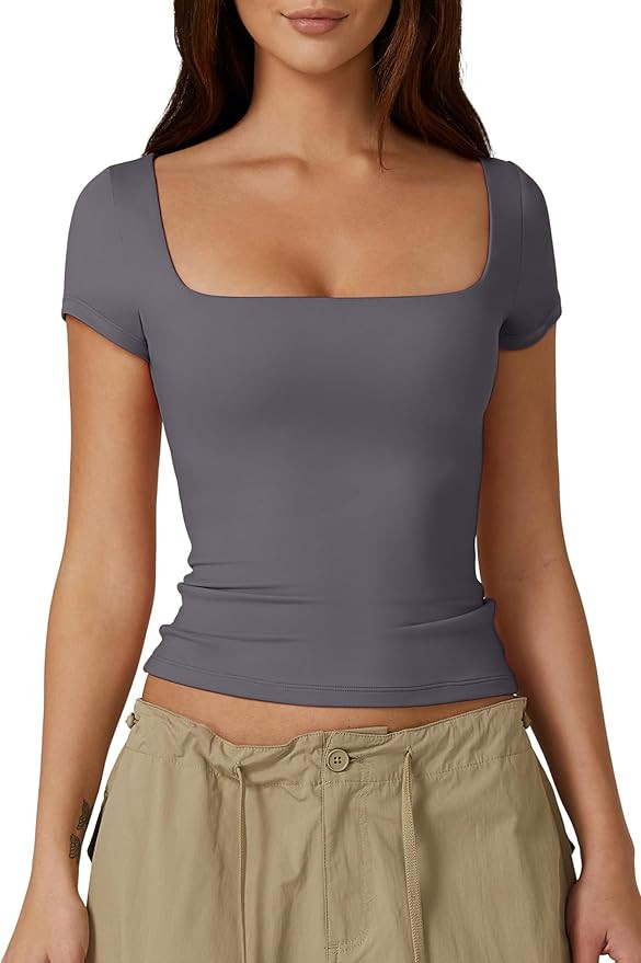 QINSEN Women's Square Neck Short Sleeve Double-Layer Tops Basic Slim Fit Going Out T Shirt | Amazon (US)