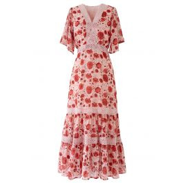 Red Floral Crochet Frilling Chiffon Dress | Chicwish