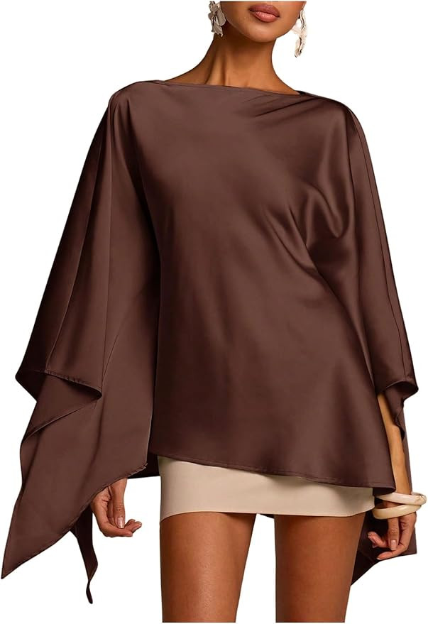 Verdusa Women's Satin Dressy Blouses Asymmetrical Poncho Top Oversized Shirts Festival Cocktail O... | Amazon (US)