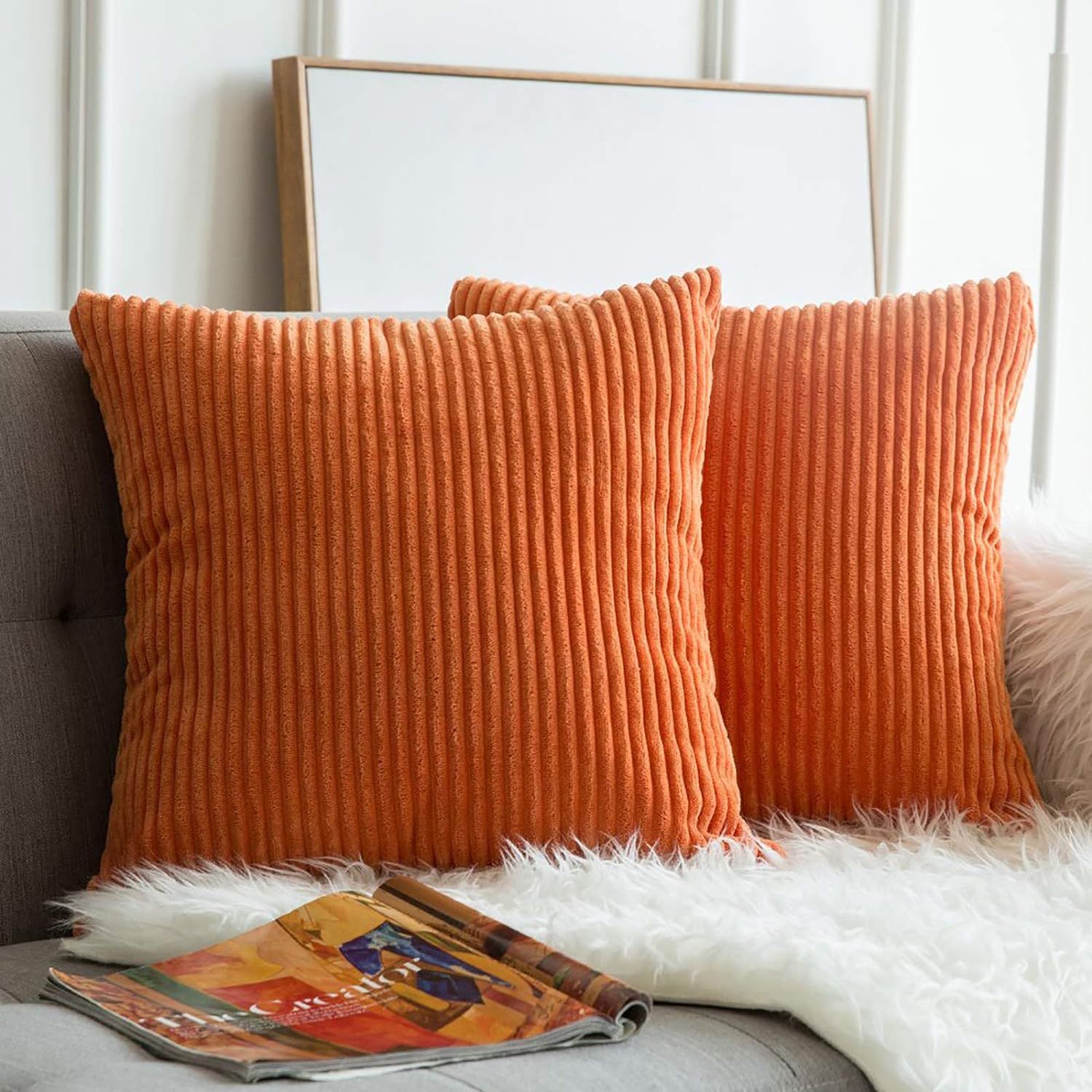 MIULEE Pack of 2 Fall Orange Pillow Covers 18x18 Inch Soft Boho Striped Corduroy Throw Pillow Cov... | Amazon (US)