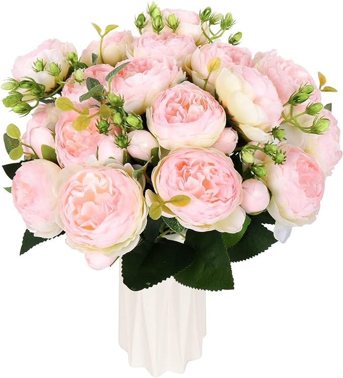 DEEMEI Artificial Peonies Flower Silk Peony Bouquet 4 Bundles Faux Persian Rose with Eucalyptus L... | Amazon (US)