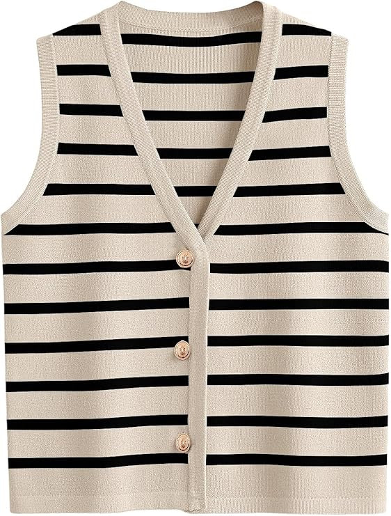 Cardigan Vests For Women Striped Spring Sweater Vest Cropped Trendy Sleeveless V Neck Tank Tops C... | Amazon (US)