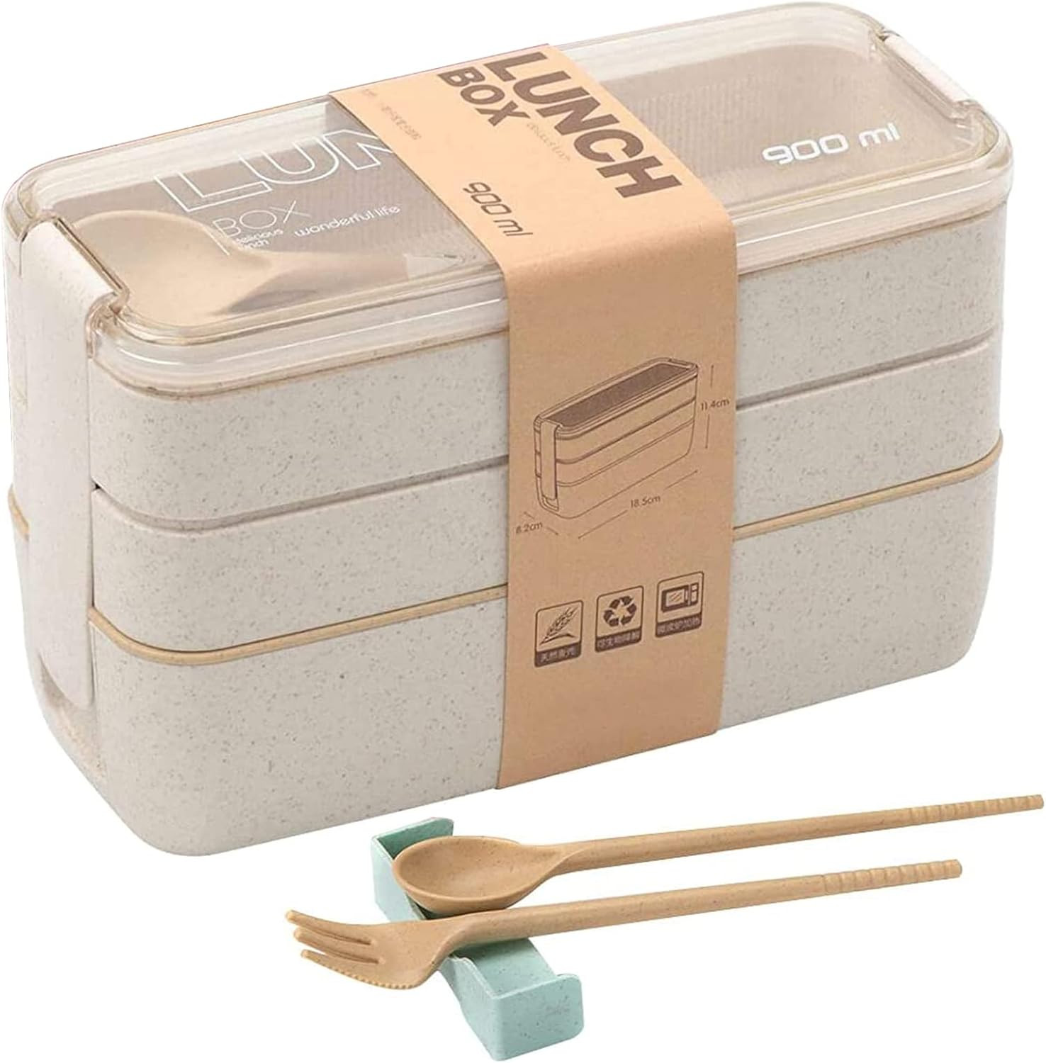 Rarapop Beige Stackable Bento Lunch Box Kit, 3-In-1 Compartment Wheat Straw Lunch Containers with... | Amazon (US)