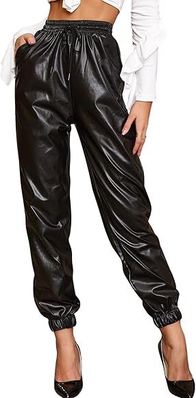 Floerns Women's Drawstring High Waisted Cropped Tapered Pu Leather Pants | Amazon (US)