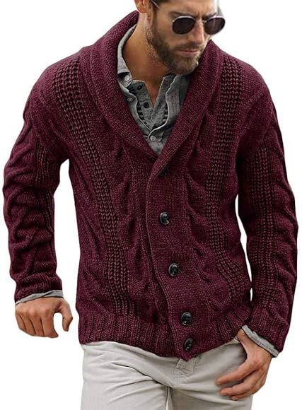 Gafeng Mens Shawl Collar Cable Rib Knitted Button Closure Casual Winter Chunky Thermal Long Sleeve S | Amazon (US)