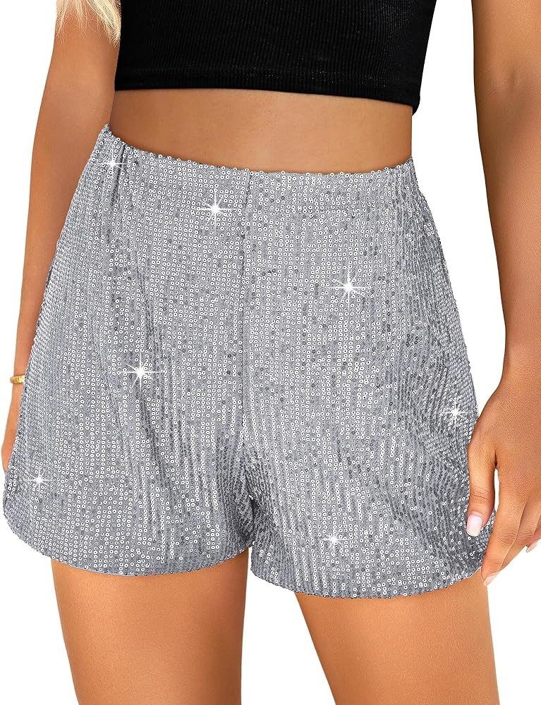 luvamia Sequin Shorts for Women Trendy High Waisted Stretchy Pull On Glitter Sparkly Shorts Holid... | Amazon (US)
