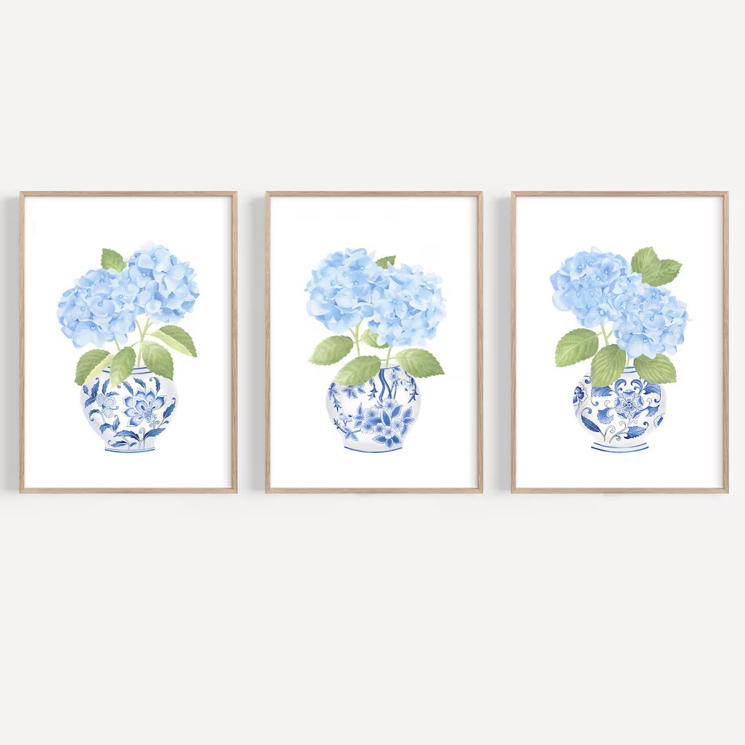 Blue Chinoiserie Print Set 3 Hydrangea Painting Ginger Jar Print Vase Blue and White China Print ... | Etsy (US)
