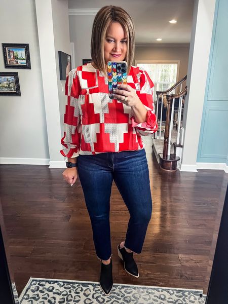 Red blouse - roomy fit, size down if in between sizes 
Jeans - size down 
Use code LAURA15 for 15% off top, jeans and earrings 

Mules - size up 1/2 

Risen jeans / Anthropologie / Avara / black mules / cropped jeans 


#LTKunder100 #LTKsalealert #LTKSale