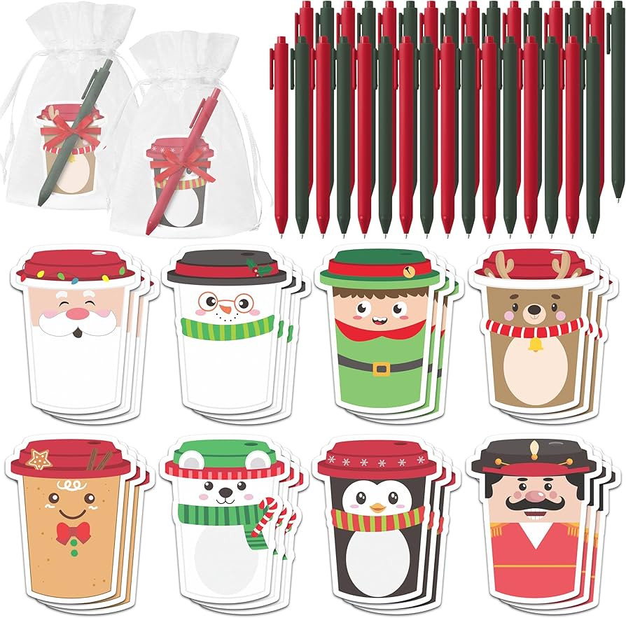 CJiangpo Christmas Sticky Note Set - 24 Pack Coffee Cup Sticky Note Pads with Ballpoint Pens Ribb... | Amazon (US)