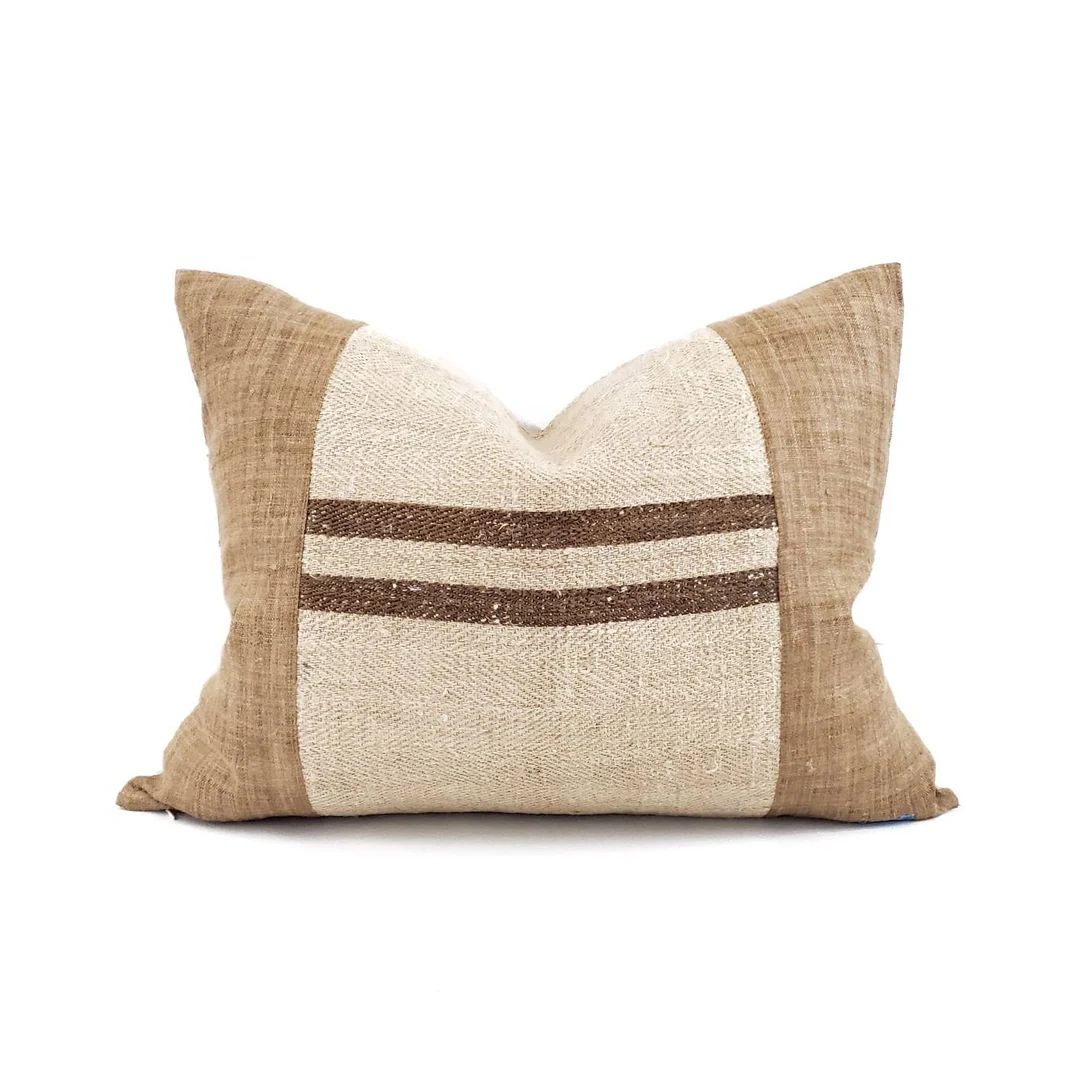 Grainsack pillow cover, 17"×22" brown stripe grainsack+ camel hemp linen pillow cover, farmhouse... | Etsy (US)