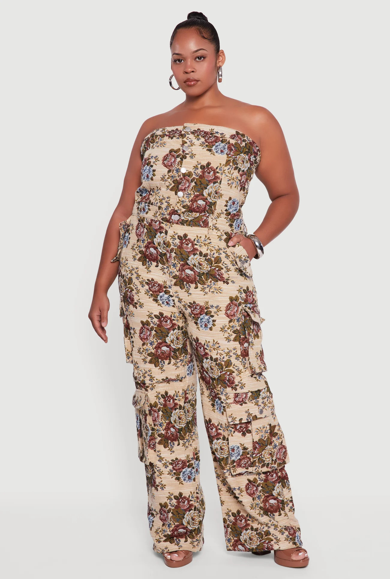 Plus Size Floral Jacquard Strapless Utility Jumpsuit | Rainbow Shops