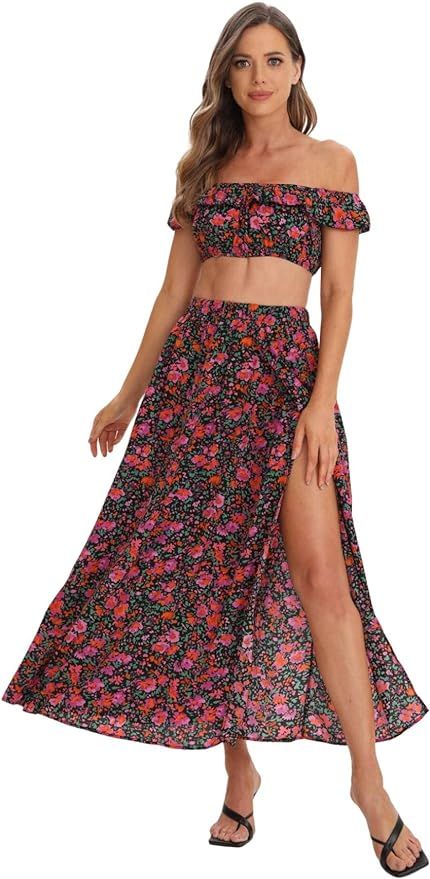Floerns Women's Two Piece Outfit Floral Crop Top and Split Long Skirt Set | Amazon (US)
