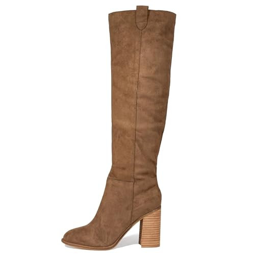 Erocalli Suede Knee-High Boots, Brown Fall Boot For Women Chunky Block High Heel Slouchy Boot Round Toe Side Zipper | Amazon (US)