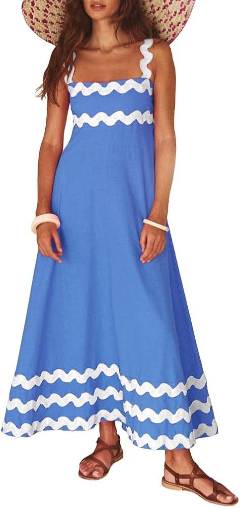 yoeasy Women's Rickrack Trim Spaghetti Strap Square Neck Tank Maxi Dress Sleeveless Long Beach A-... | Amazon (US)