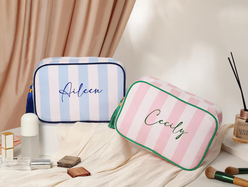 Custom Travel Toiletry Bag,Custom Striped Cosmetic Bag,Personalized Name Makeup Bag,Bridesmaid Gi... | Etsy (US)