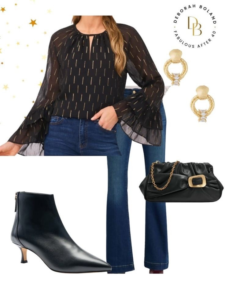 A little sparkle, a little casual—my favorite holiday combo ✨
This black and gold top with frilled sleeves brings all the festive vibes, but pairing it with denim keeps it relaxed and wearable. Finished with black booties for that easy, polished feel. Perfect for holiday plans that call for sparkle and comfort 🎄🖤

#LTKHoliday #LTKOver40 #LTKSeasonal