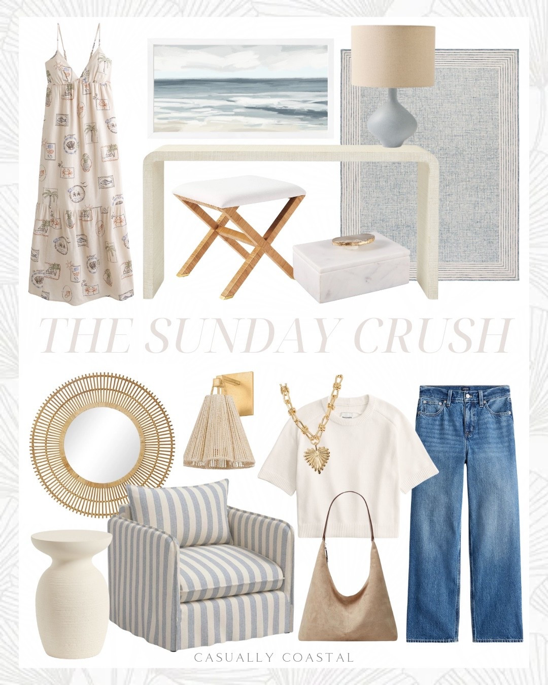 The Sunday Crush!

Coastal home, coastal style, coastal rug, coastal dress, coastal mirror, coastal armchair, fall purse, fall bag, coastal lamp, coastal wall art, coastal artwork, denim, jeans, bamboo wood starburst mirror, painted raffia console, wayfair rug, wool and cotton rug, 5x8 rug, west elm lamp, seascape painting, ocean wall art, flowy maxi dress, Abercrombie dress, high neck drop waist midi dress, brown check dress, crew sweater tee, heart chain necklace, 90s vintage baggy jean, suede shoulder bag, marble decorative box, x-base stool, rattan stool, striped chair, slouchy lounge chair, round accent table, pottery barn accent table, light wall sconce 

#LTKStyleTip #LTKFindsUnder100 #LTKHome