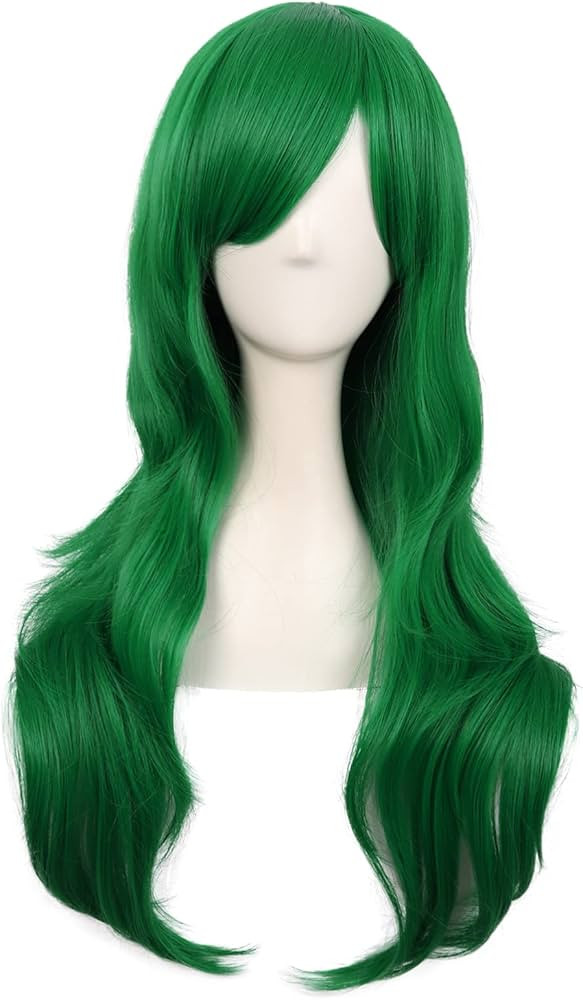 MapofBeauty 28 Inch/70cm Women Side Bangs Long Curly Hair Cosplay Wig (Grass Green) | Amazon (US)