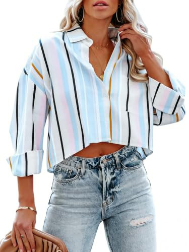Tankaneo Womens Button Down Cropped Shirts Long Sleeve Striped Tops Blouses | Amazon (US)