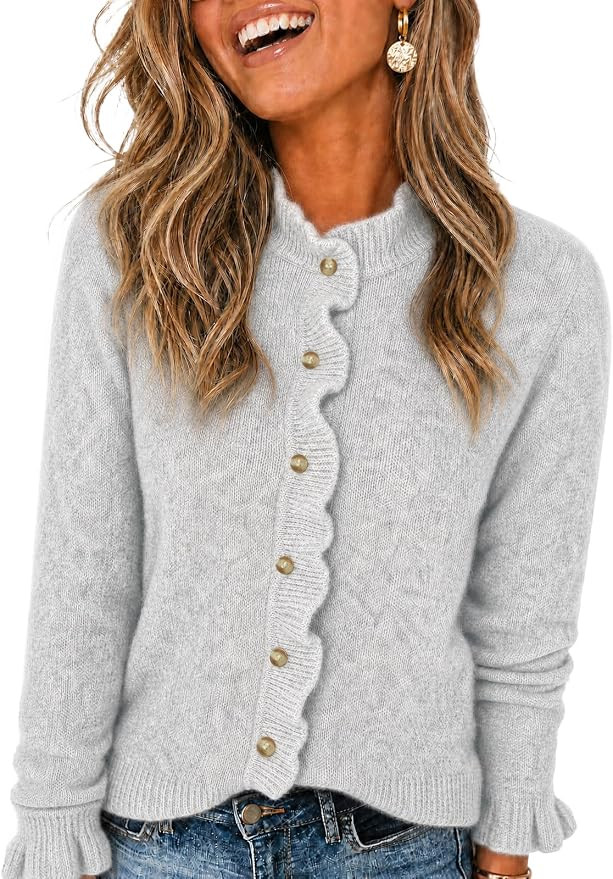 Wenrine Womens Ruffle Cardigan Sweaters Casual Button Down Knit Tops Coat | Fall,Winter,Open Fron... | Amazon (US)