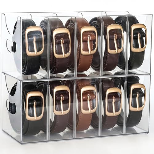 Rusnugic Belt Organizer - 2 Pack Clear Stackable Belt holder For Closet Drawer Storage - 5 Compartments with Removable Dividers, Multi-Purpose Display Bins With Inserts For Ties,Socks,underwear (2) | Amazon (US)