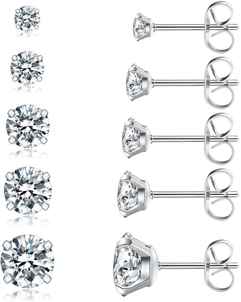 5 Pairs Stud Earrings Set, Hypoallergenic Cubic Zirconia 316L Earrings Stainless Steel CZ Earring... | Amazon (US)