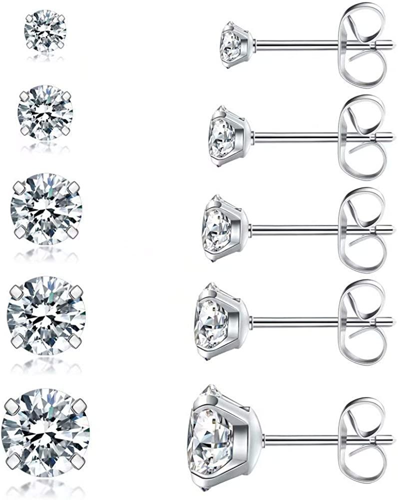 5 Pairs Stud Earrings Set, Hypoallergenic Cubic Zirconia 316L Earrings Stainless Steel CZ Earrings 3 | Amazon (US)