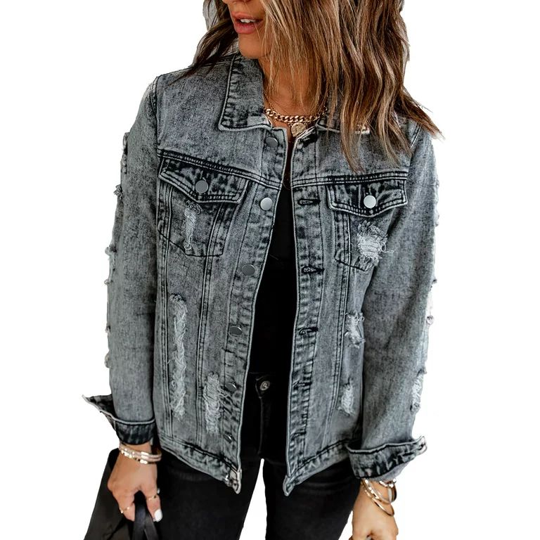 Rosfancy Women Distressed Ripped Denim Jean Jacket Button Down Fall Oversized Jackets Coat, S-XXL... | Walmart (US)