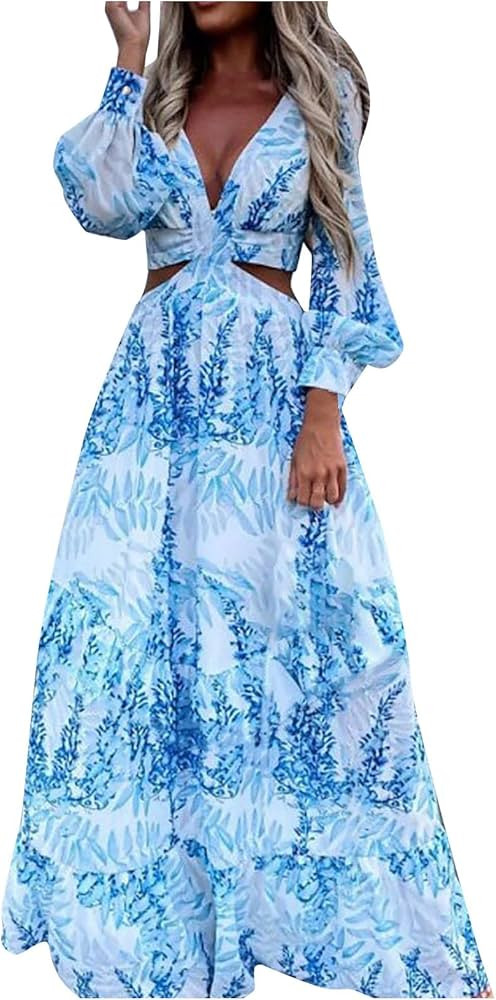 Floral Vacation Dresses for Women: Trendy V-Neck Ruched Short/Long Sleeve Dress - Casual Fashion ... | Amazon (US)