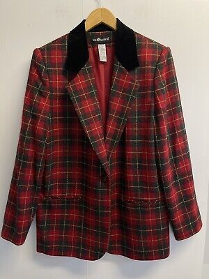 Vintage Sag Harbor Blazer Size 14 Red Black Tartan Plaid Wool Velvet Y2K | eBay US
