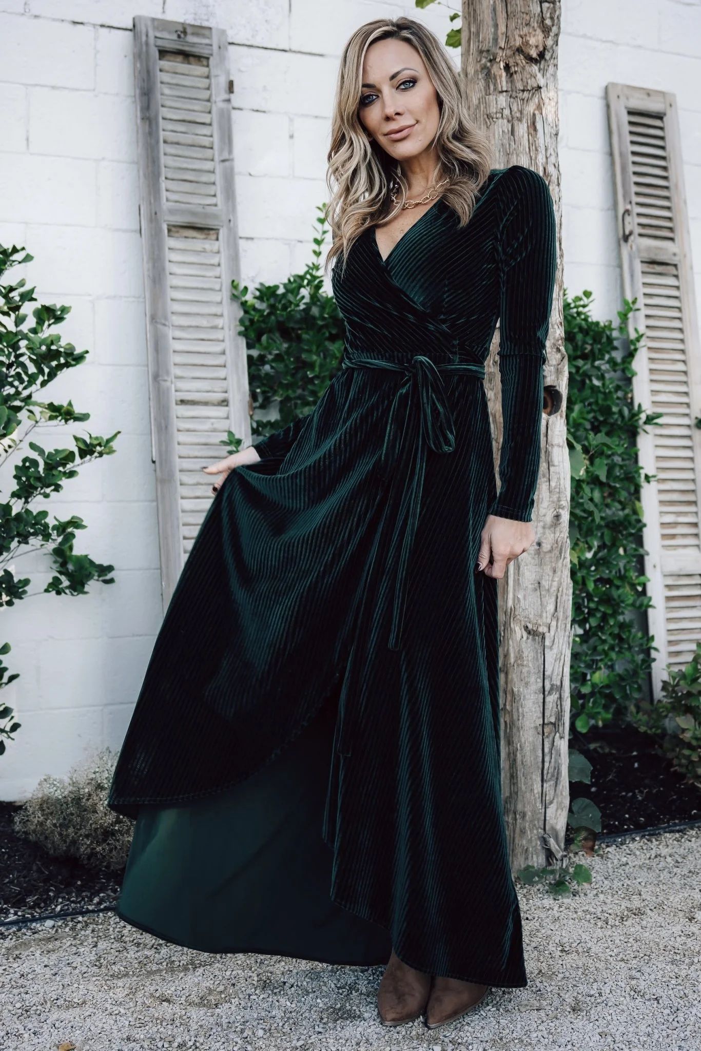 Jada Ribbed Velvet Wrap Dress | Emerald | Baltic Born