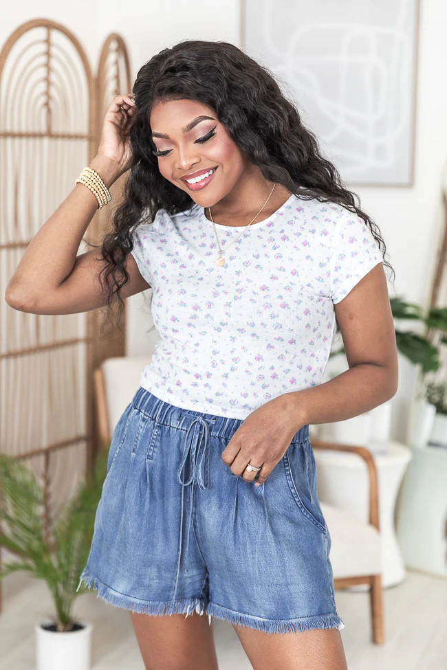 Always Look Ahead Ivory and Purple Floral Ribbed Baby Tee FINAL SALE | Pink Lily