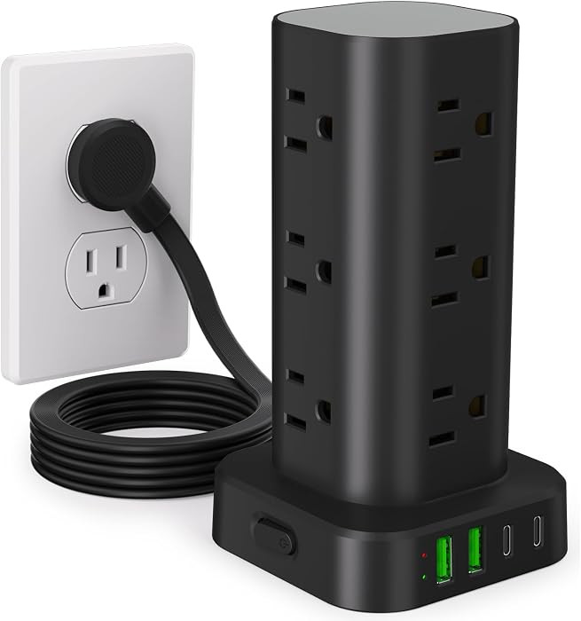 Power Strip Tower with Multiple Outlets, Flat Plug Surge Protector Tower Extension Cord with 12 A... | Amazon (US)