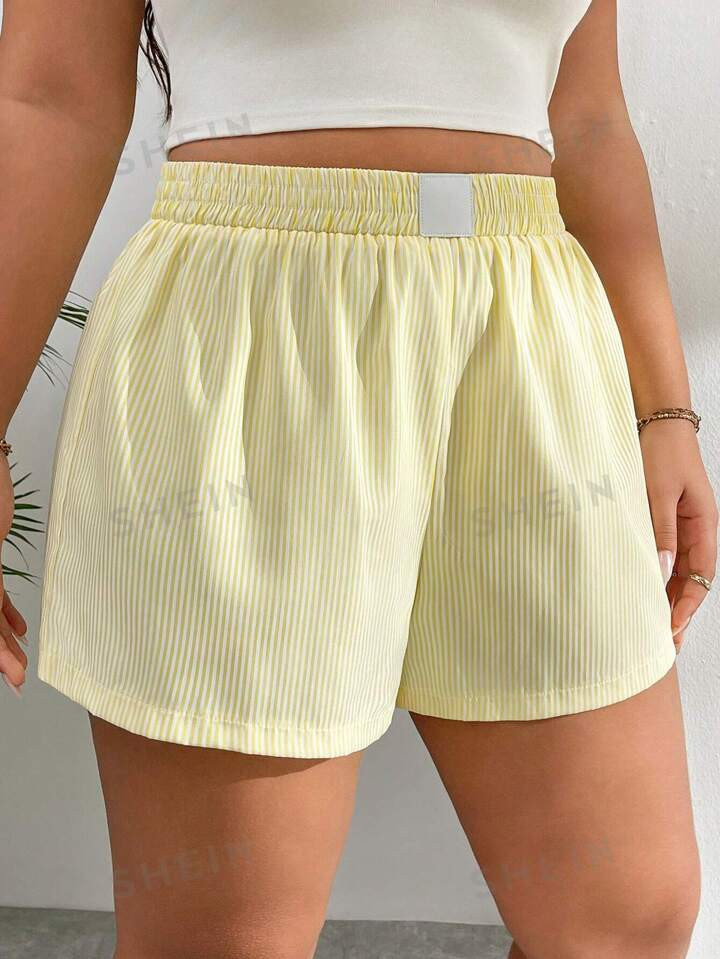 SHEIN EZwear Plus Size Vacation Yellow-White Striped Patchwork Summer Casual Shorts | SHEIN