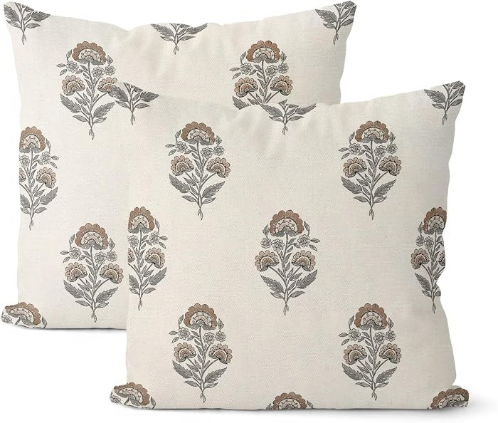 Grey Brown Pillow Covers 18x18 Set of 2 Brown Floral Block Print Pillow Cases Modern Vintage Boho... | Amazon (US)