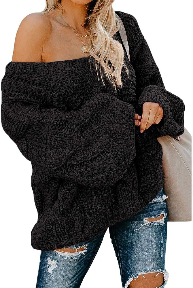 Astylish Women's Sexy Long Sleeve Off Shoulder Loose Cable Knit Pullover Sweater | Amazon (US)