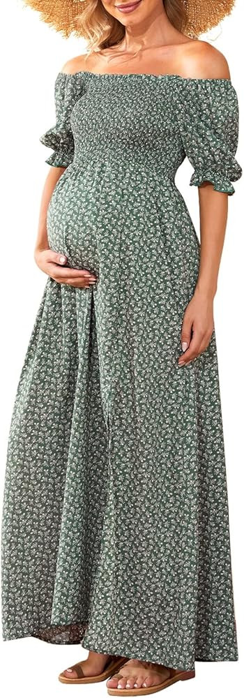 Floral Maternity Dress for Photoshoot Baby Shower, Square Neck Puff Sleeve Maternity Boho Smocked... | Amazon (US)
