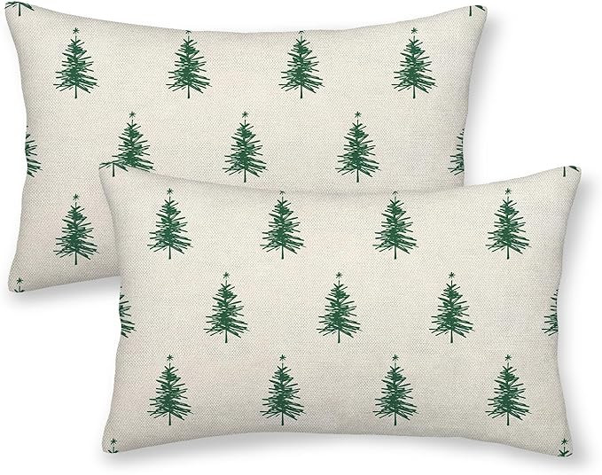 AGAYNA Christmas Pillow Covers 12x20 Christmas Tree White Sage Green Decor Throw Pillows Case for... | Amazon (US)