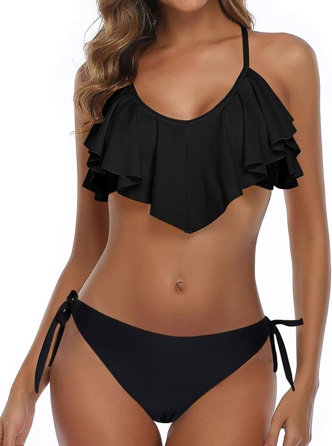Tempt Me Flounce Bikini Side Tie Bottom Padded Ruffled Top Two Piece Swimsuit for Women Cross Bac... | Amazon (US)
