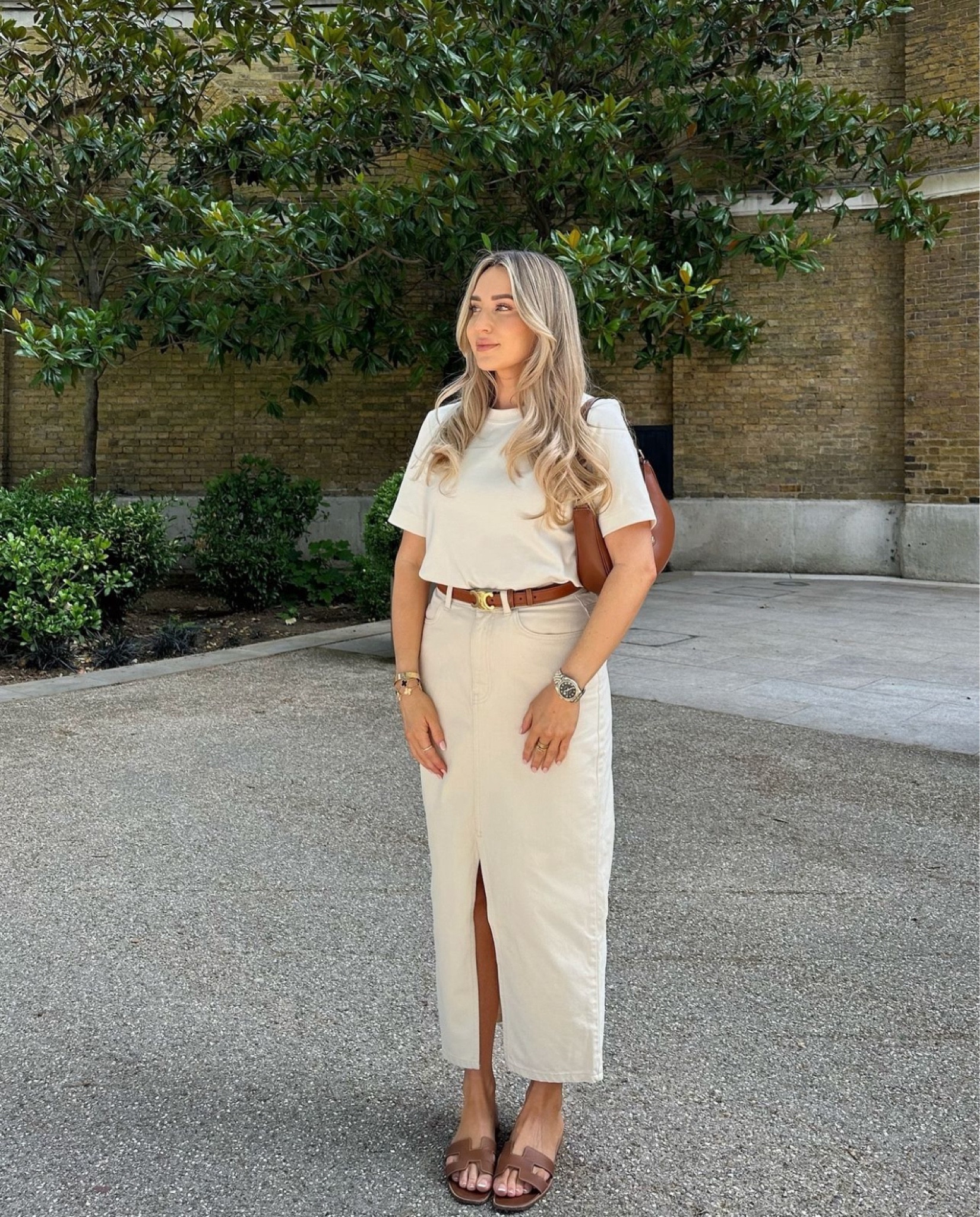 City Look 9 - all cream look, my favourite Cos t-shirt comes in beige and it pairs lovely with this beige denim maxi skirt! Tan Celine and Hermes accessories too

#LTKautumn #LTKsummer #LTKuk