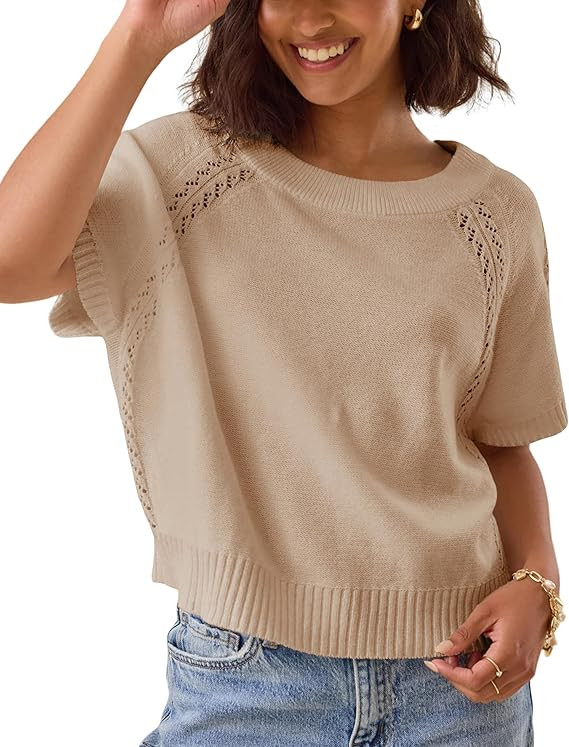 Yeokou Women Knit Crochet Top Short Sleeve Crew Neck Loose Fit Pullover Sweater Summer Fall Fashi... | Amazon (US)