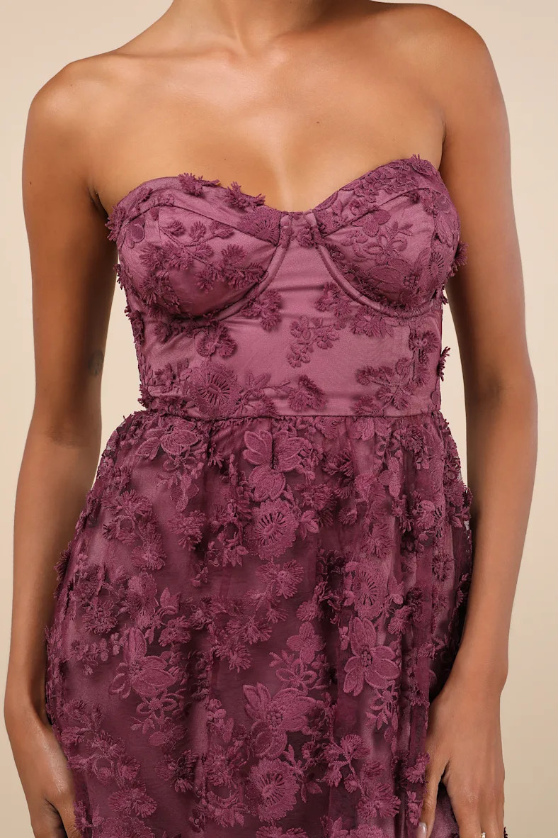 Quite Perfect Purple Floral Embroidered Strapless Midi Dress | Lulus