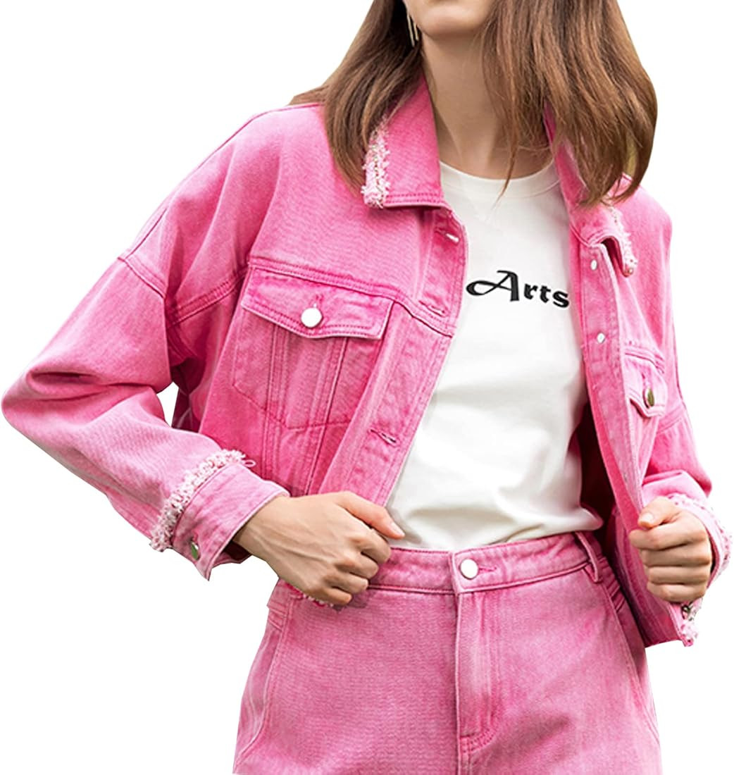 Women's Jean Jacket Frayed Washed Button Up Cropped Denim Jacket With Pockets | Amazon (US)