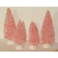Set Of 4 Pink 5.5""& 4"" Tall Pixie Glitter Flocked Miniature Sisal Bottle Brush Snow Bases Xmas Christmas Trees Village Free Shipping | Etsy (US)