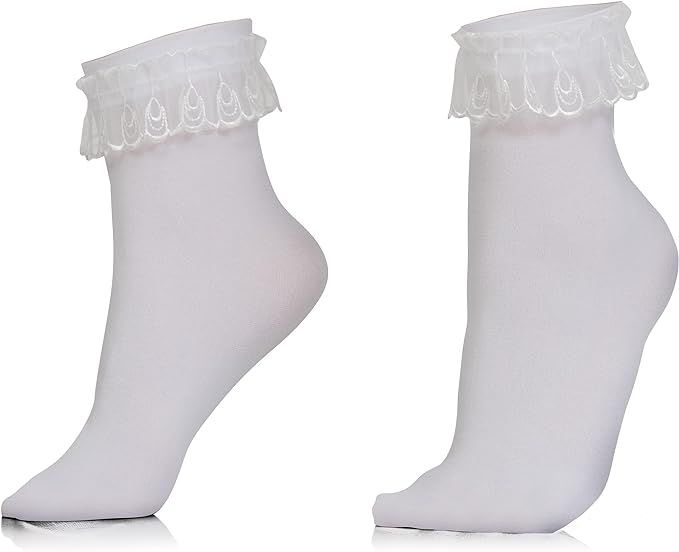 Skeleteen White Ruffled Anklet Socks - Frilly White Opaque Lace Ruffles Top Trim Bobby Sock | Amazon (US)